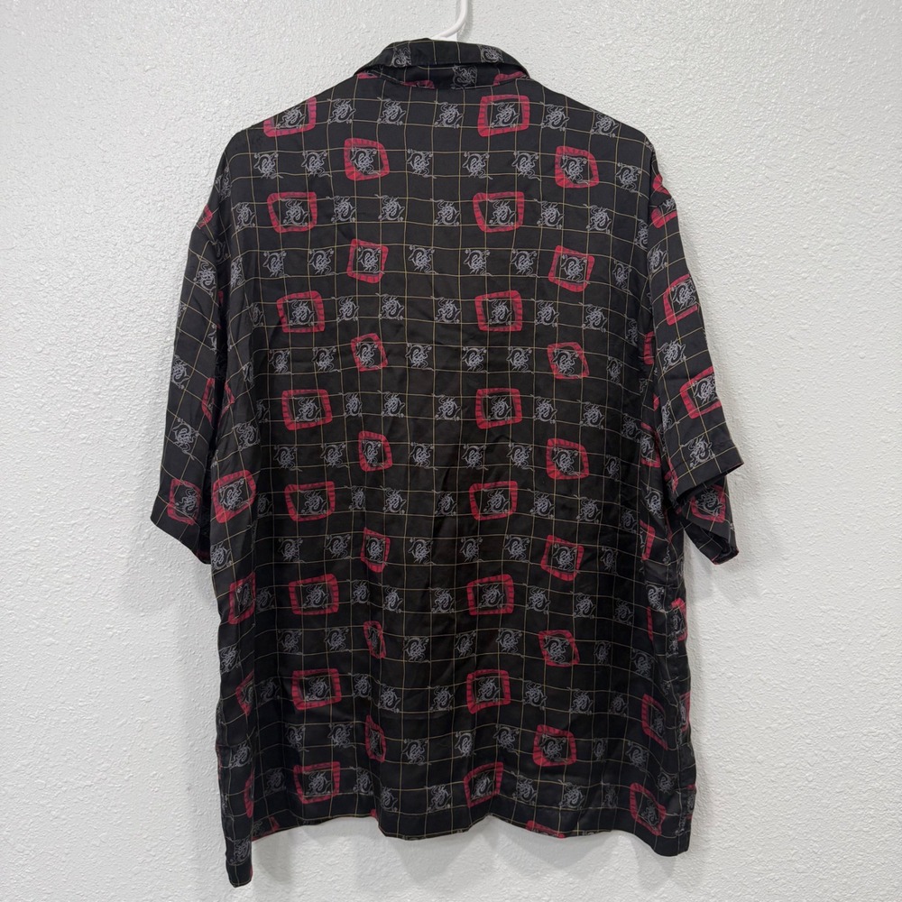 Cambridge Classics Mens Large 100% Silk Dragon Grid Button Down Shirt Black Red - Picture 6 of 7